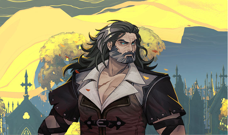 Trevor Belmont tóc dài pha bạc, râu xám, mặc áo khoác sẫm màu trước nền trời vàng và kiến trúc Gothic.