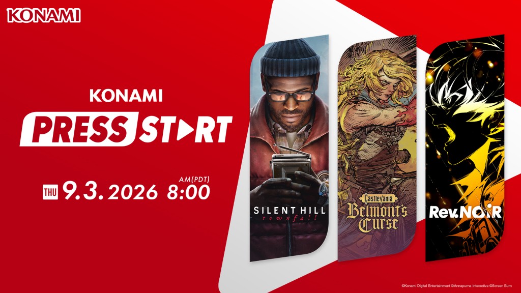 KONAMI PRESS START card showing Silent Hill Townfall, Castlevania Belmont's Curse and Rev. NOiR