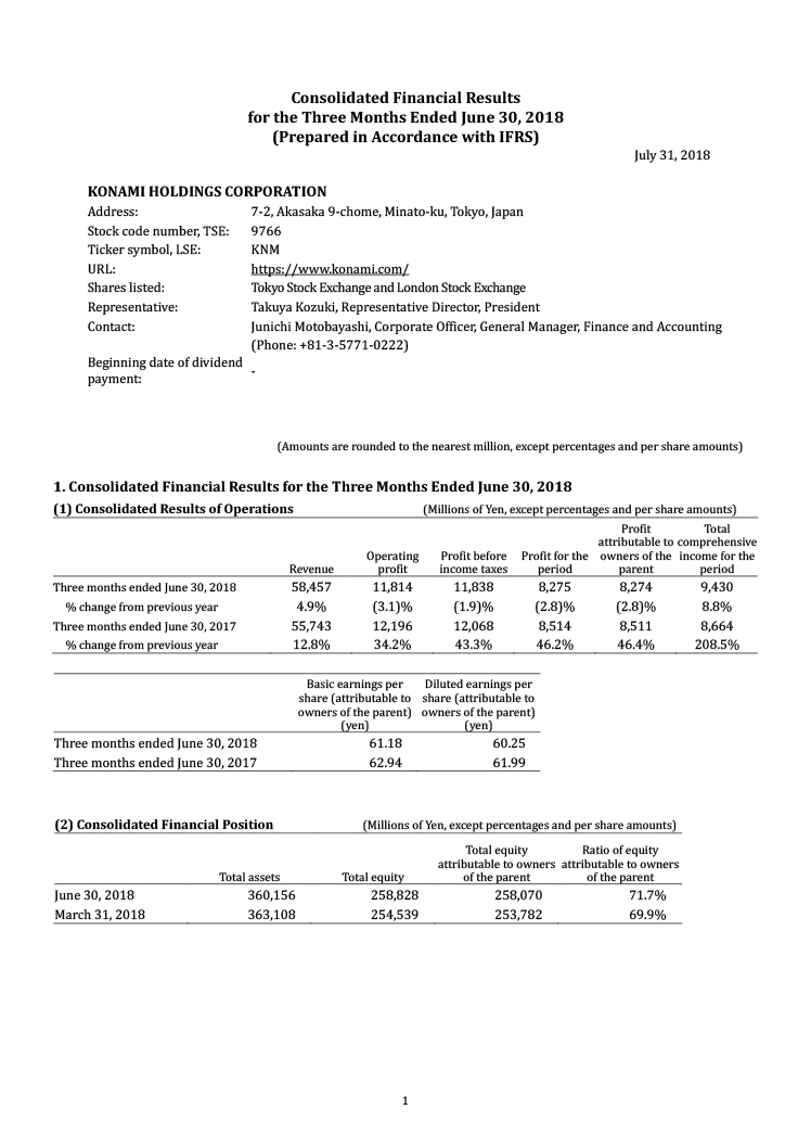 Financial Statements 1Q FY2019 of No.001